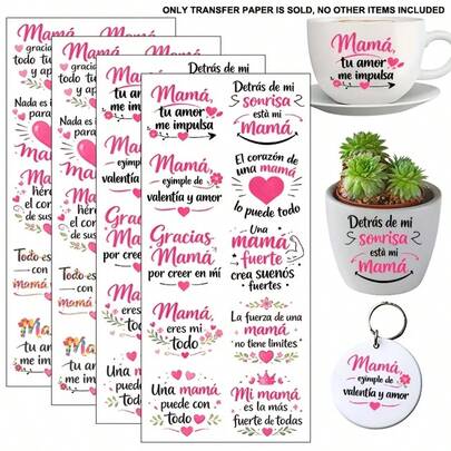 4 Hojas/Set, Citas inspiradoras de la madre con flores en forma de corazón, Bendición del Día de la Madre en español, Transferencia decorativa UV DTF, Resistente al agua y a los arañazos, Apto para tazas, tazas de café, vasos de 16 oz, fundas de teléfono, tazas de cerámica, botellas de agua de 16 oz