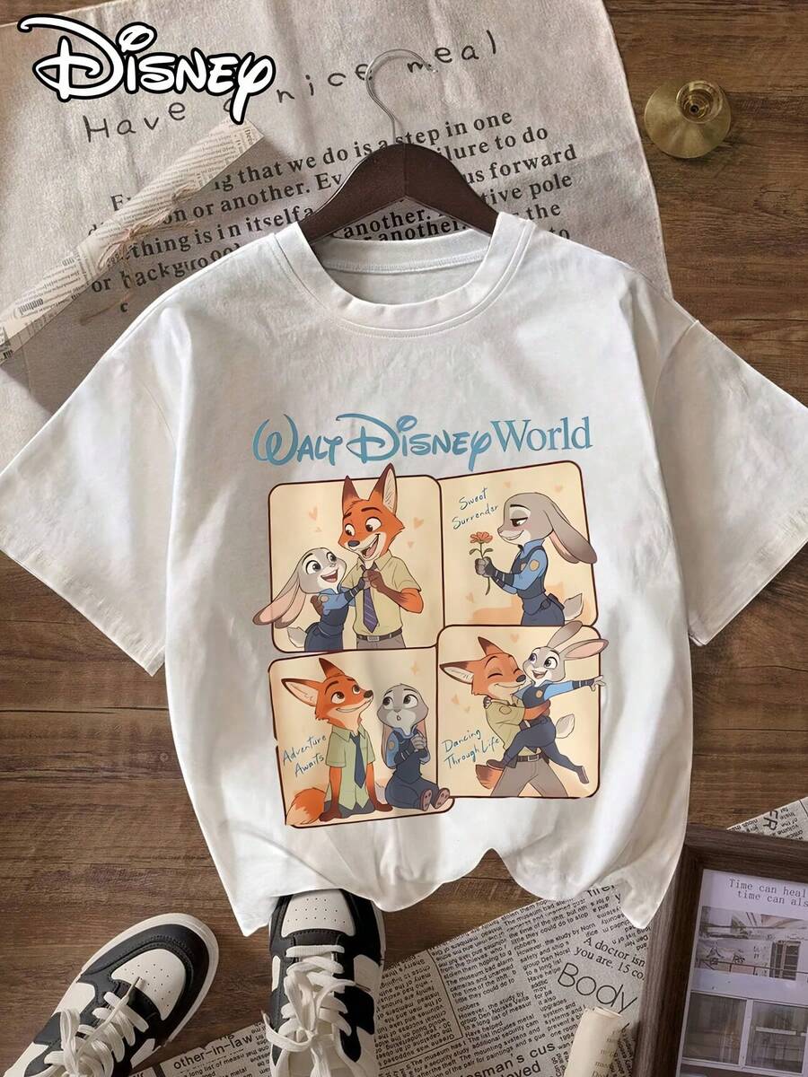Women's Disney Nick & Judy Ride T-Shirt - Zootopia Print Short Sleeve Round Neck Casual Summer Tee With Official For Themed Outfits & Casual Attire ( &) - 白色 - 查看 1