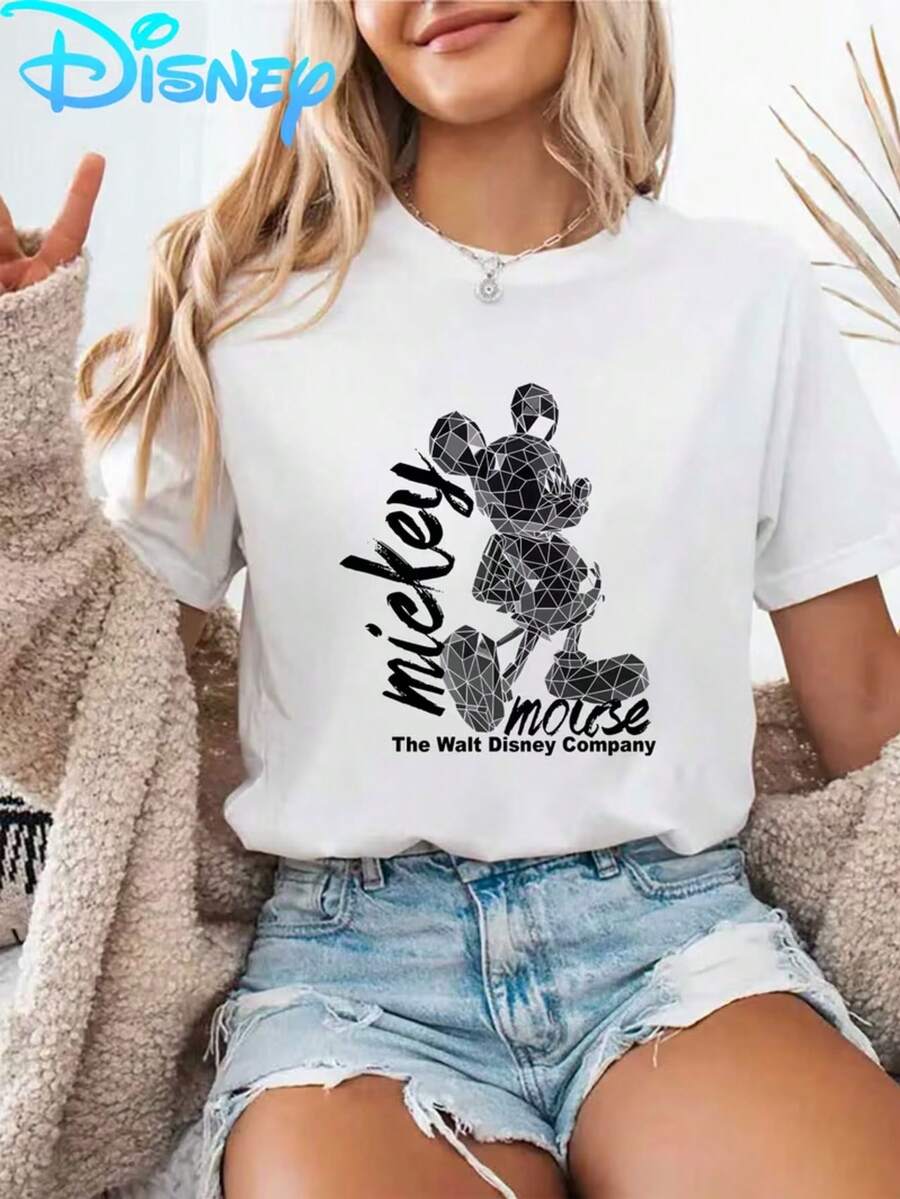 Disney Licensed Geometric Mickey Mouse Print T-Shirt, Black And White Minimalist Cartoon Short-Sleeved Shirt, Fashionable, Casual, Comfortable, Soft, Loose Fit For Everyday Outdoor Sports And Fitness, Breathable Crew Neck Short-Sleeved T-Shirt. - 白色 - 查看 1