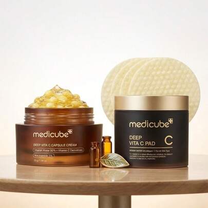 Medicube Deep Vita C Duo – Vitamin C Capsule Cream & Brightening Pads – Radiance, Anti-Dark Spots And Even Skin Tone