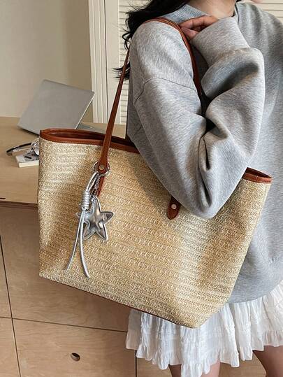 1个简约大容量休闲草编手提包，女士便携单肩包，配有星星挂饰，适合海滩、旅行、送礼、春夏
