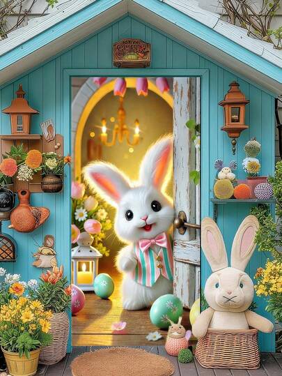 1 st påskhare med färgglada ägg dörrskydd, vårlila rutig fluga kanindörrbanderoll för ytterdörr, lantlig påskdekoration