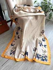 1条优雅印花丝质围巾，多功能披肩，适合海滩、防晒，时尚配饰，日常佩戴 - 米色 - 查看 3