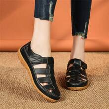 Sandalias planas de cuero caladas para mujer, zapatos casuales cómodos y transpirables de slip-on, versátiles para el verano, talla grande, unisex - Negro - Ver 3