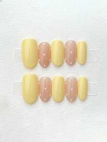 10pcs Pure Handmade Press On Nails Medium Nails Almond Nails Yellow Nails Spring Creamy Style, Nude With Yellow, Minimalist Hand-Painted Polka Dot Pattern, Cute Gentle Skin-Flattering Press-On Nails For Women And Girl,Spring Summer Fall Winter Festivals Party And Dailys Life Use - Yellow - View 1