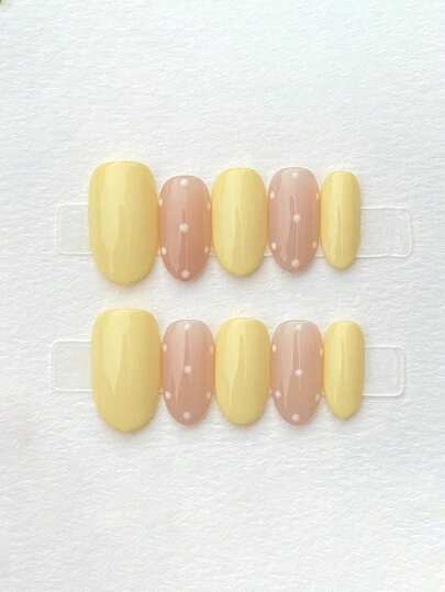 10pcs Pure Handmade Press On Nails Medium Nails Almond Nails Yellow Nails Spring Creamy Style, Nude With Yellow, Minimalist Hand-Painted Polka Dot Pattern, Cute Gentle Skin-Flattering Press-On Nails For Women And Girl,Spring Summer Fall Winter Festivals Party And Dailys Life Use