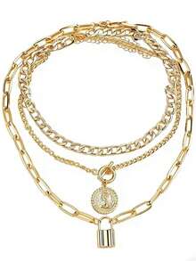 Women's Fashion Creative Embossed Round Pendant Necklace, Retro Minimalist Gold Small Lock Charm Necklace Set - Multicolor - View 7