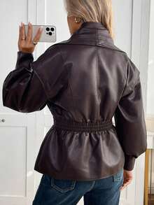 Women's Faux Leather Jacket, Retro Fitted Biker Jacket, Casual Outerwear Winter - Brown - View 9