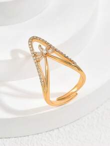 1pc Luxury Niche Style Gold-Plated V-Shaped Micro-Inlaid Colorful Zirconia Ring, Suitable For Women's Daily Commute Wear - Multicolor - View 6