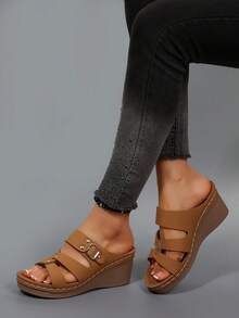 Sandalias de cuña con suela gruesa antideslizante y punta abierta para mujer, cómodas y casuales, tipo slip-on para verano, playa y exterior - Amarillo - Ver 5