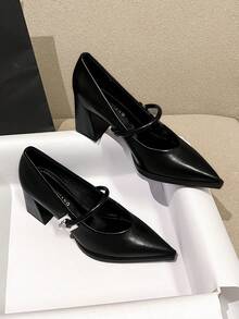 2026 Spring New Fashion Women's High Heel Shoes, Casual Solid Color Beige, Black, Brown Pointed Toe Metal Decor Elegant Minimalist Chunky Heel Loafers - Black - View 2