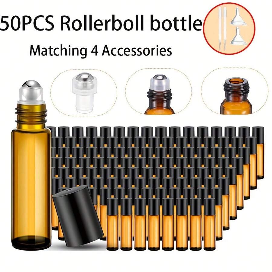 FIGHTYU 50pcs 0.34oz Essential Oil Roller Bottles, Glass Bottles With Stainless Steel Roller Balls, Leak-Proof, Comes With 2 Funnels And 2 Droppers, Easy Dispensing (Amber) - View 1