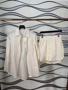 Two-Piece Linen Shirt And Shorts Set, Lined With Elastic. Summer Vacation: Perfect For Celebrating Christmas, New Year's Eve And New Year In Brazil! - 杏色 - 查看 1