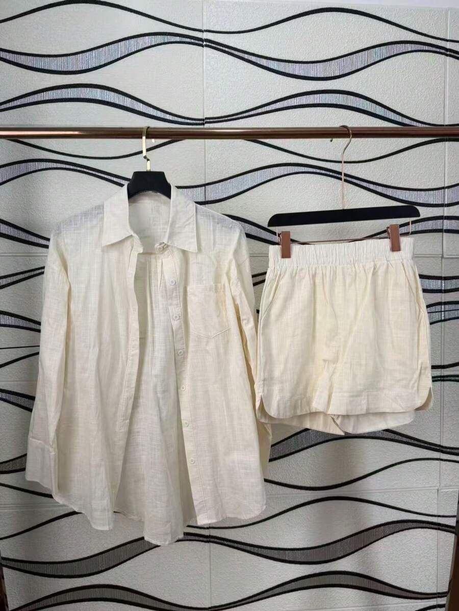Two-Piece Linen Shirt And Shorts Set, Lined With Elastic. Summer Vacation: Perfect For Celebrating Christmas, New Year's Eve And New Year In Brazil! - 杏色 - 查看 1