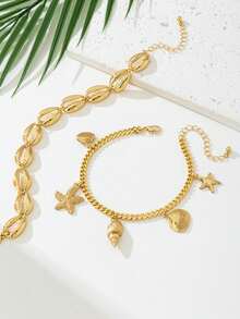 1pc Fashionable Multi-Layer Shell Anklet, Summer Island Vacation Gift For Women - Gold - View 3