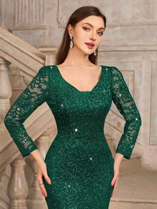 MIUSOL Sequin Floral Lace Deep V-Neck Long Sleeve Mesh Fishtail Hem Maxi Evening Party Dress - Dark Green - View 10