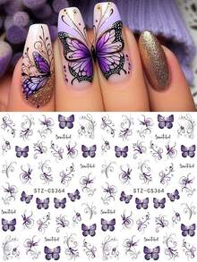 2 piezas Elegantes calcomanías de mariposas 3D moradas, diseño minimalista de mariposas y flores para arte de uñas, accesorios de uñas con insectos y plantas para primavera/verano - Multicolor - Ver 7