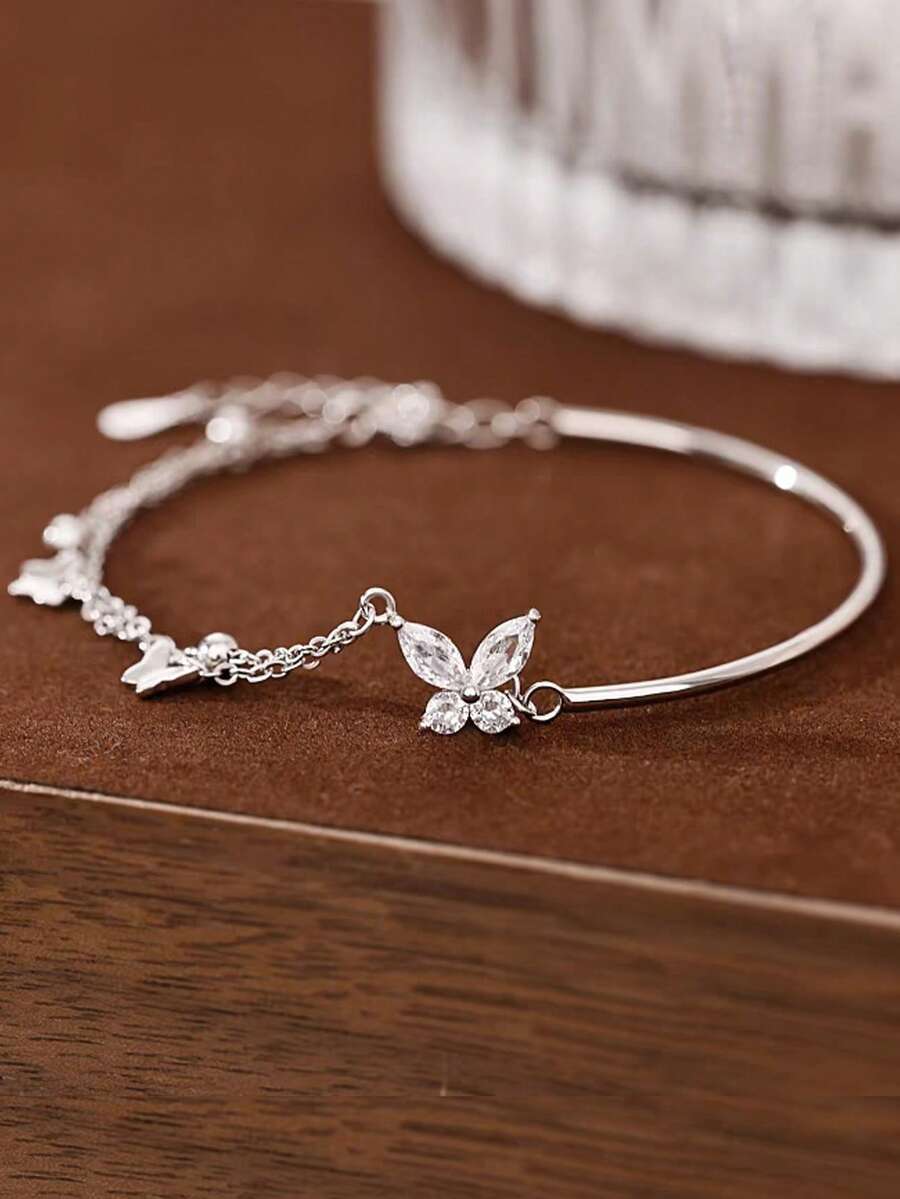 1件S925纯银精致甜美个性化小众高端蝴蝶双层手链，适合女士日常佩戴 - 銀色 - 查看 1