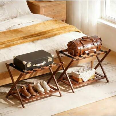 バゲージラック 組み立て済み 折りたたみ式 竹製 5本ベルト キャリーケース スーツケース 置き場 バケージスタンド スーツケース台 荷物置き ホテル 玄関 2段収納 スーツケース・靴・小物置き ナチュラル 2個入り