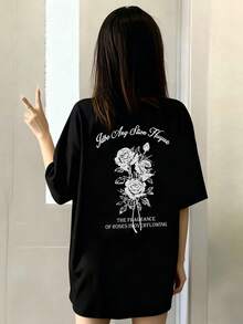 女士圆领宽松休闲字母玫瑰花印花短袖T恤，春夏款，黑色 - 黑色 - 查看 4