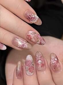 10片装光疗手工猫眼蝴蝶花皇后可穿戴美甲粉玫瑰假指甲按压式美甲 - 粉色 - 查看 1