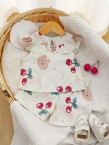 2件套幼儿女童可爱樱桃熊印花荷叶边领夏季套装 - 白色 - 查看 3