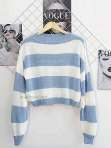 SJD MODA LADY Striped Sweater Knit Modal Off Shoulder Super Autumn Winter Korean Style Best Fabric - Garis-garis biru muda dan putih - View 1