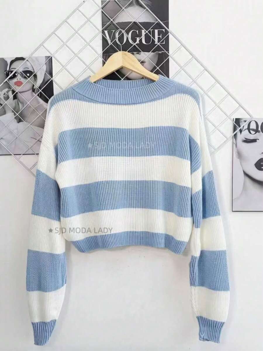 SJD MODA LADY Striped Sweater Knit Modal Off Shoulder Super Autumn Winter Korean Style Best Fabric - Garis-garis biru muda dan putih - View 1