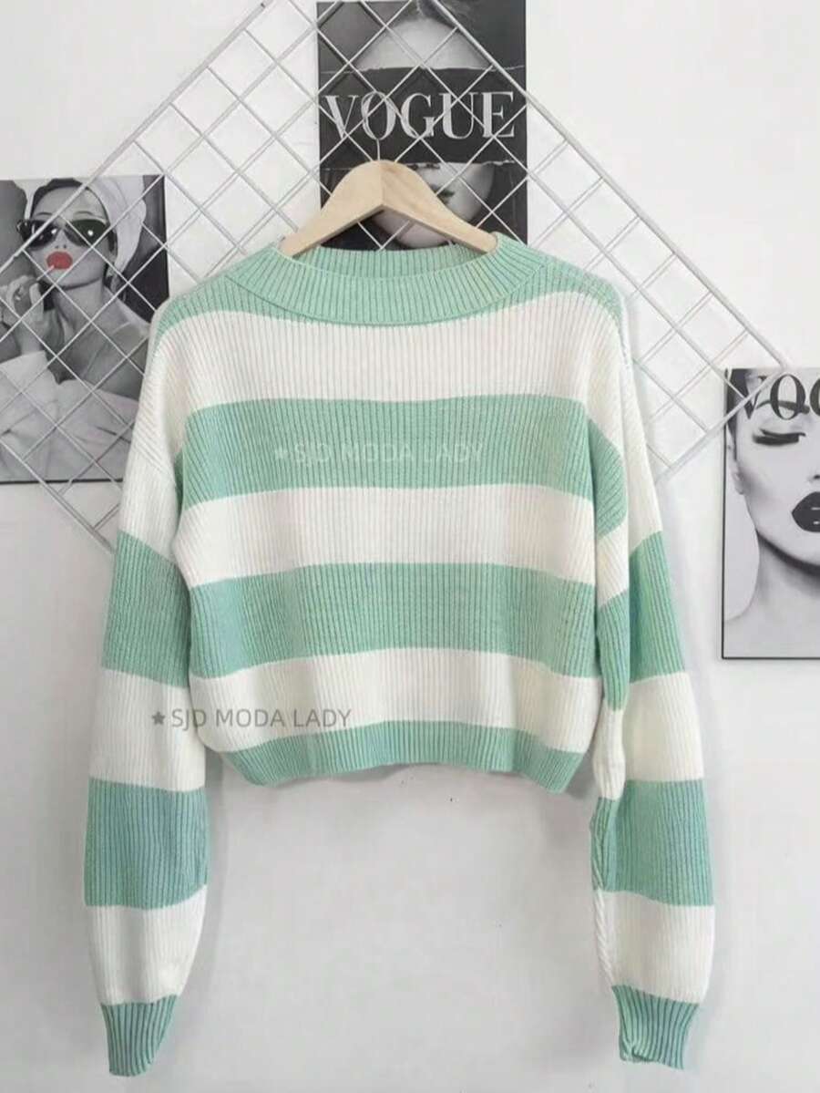 SJD MODA LADY Striped Sweater Knit Modal Off Shoulder Super Autumn Winter Korean Style Best Fabric - Mint Green and White Stripe - View 1