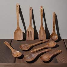 7合1优质天然黄杨木烹饪用具套装 - 包括锅铲、米筛、汤勺、滤勺、烹饪勺、铲子，适用于厨房，圣诞礼物 - 原木色 - 查看 5