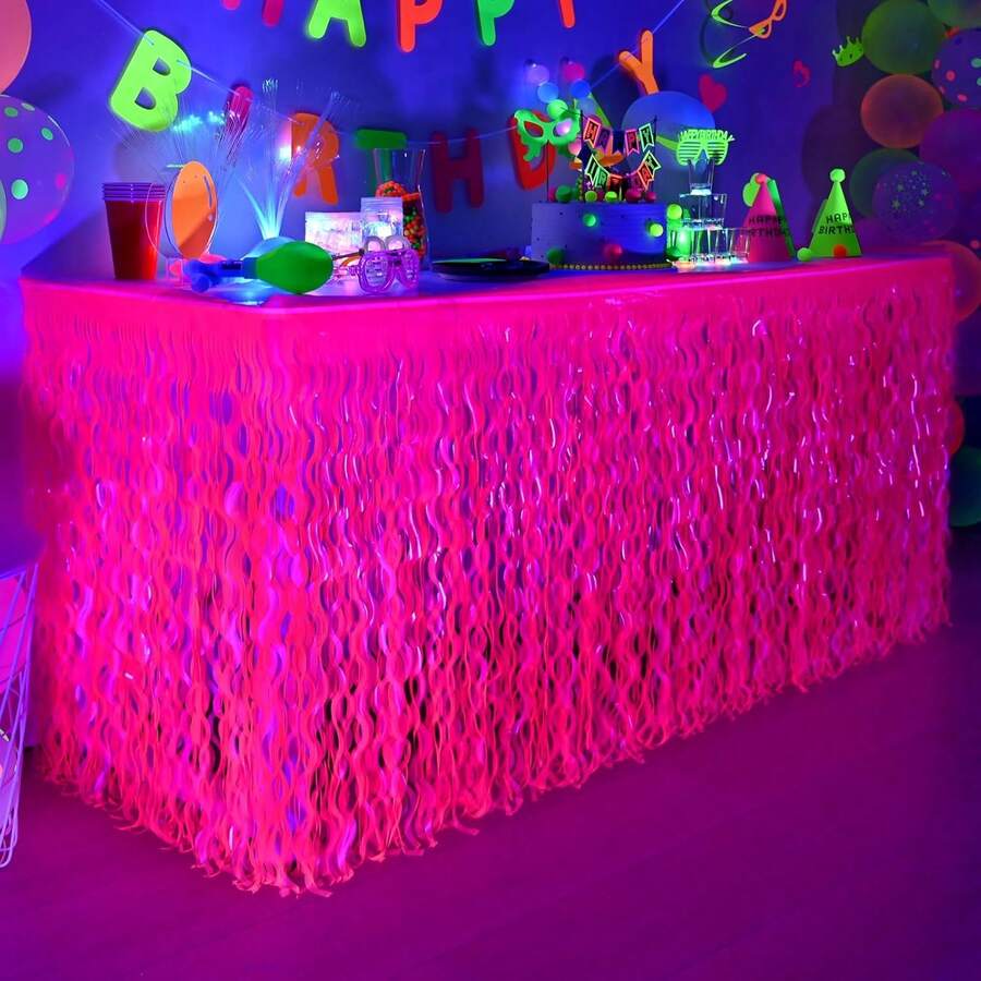 Suministros para fiesta con luz, decoración de fiesta neón, falda de mesa ondulada metálica luminosa de color púrpura-rojo con borlas, adecuada para fiestas con luz, decoraciones de cumpleaños