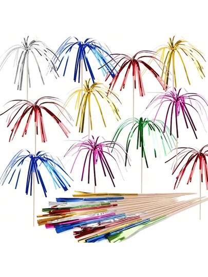 20/50pcs Colorful Tassel Firework Decoration Toothpicks - Natural Wooden Toothpick Decorations Suitable For Weddings, Birthdays, Parties, New Year And Other Occasions, Can Be Used Indoors And Outdoors, No Power Source Required