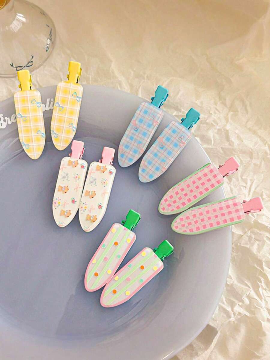 10个装女士可爱甜美花朵发夹，清新印花刘海夹，椭圆形花朵发卡，适合日常佩戴，发夹，配饰，夏季，假日，旅行 - 彩色 - 查看 1