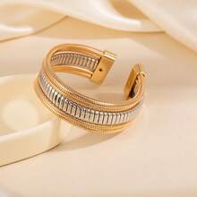 1pc Multi-Layer Open Bangle Bracelet, Personalized Exaggerated Wrapped Vertical Striped Elastic Fresh Fashion Bracelet For Women - S012/Gold - View 7