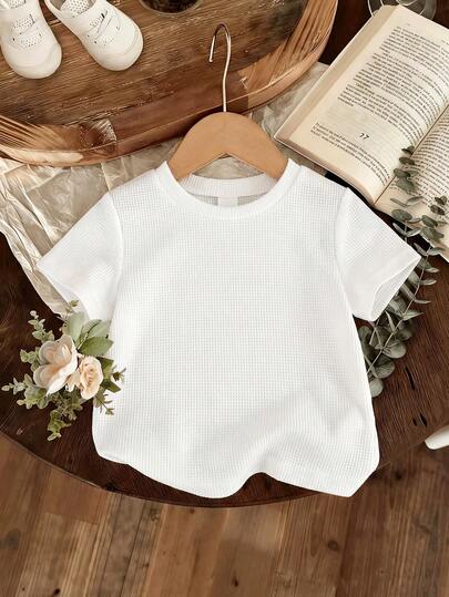 1 chiếc áo thun ngắn tay cổ tròn họa tiết waffle cho bé gái, trang phục mùa hè đa năng.