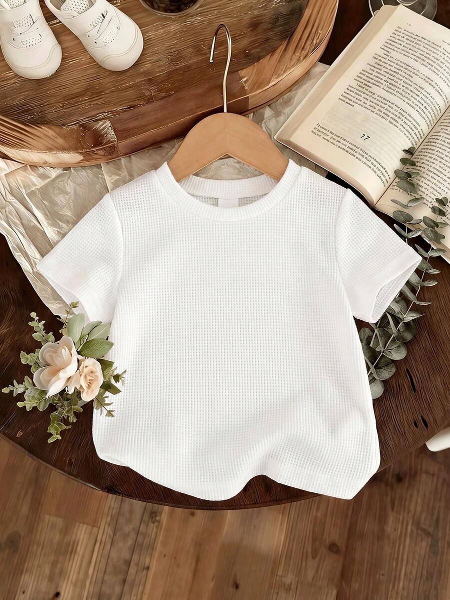 1 chiếc áo thun ngắn tay cổ tròn họa tiết waffle cho bé gái, trang phục mùa hè đa năng. - trắng - Xem 1