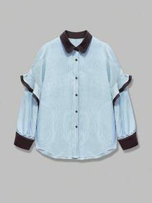 Camisa casual de manga larga de talla grande, elegante y de moda, con parches, contraste de colores, botones, volantes y rayas, adecuada para vacaciones, oficina, uso diario y viajes de primavera - Azul - Ver 6