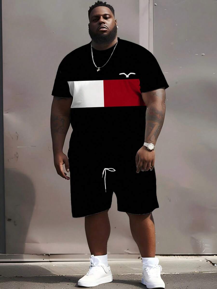Plus Size Men's Plaid Color Block Printed Short Sleeve Set, 3D Graphic Round Neck Top, Elastic Breathable Polyester, Casual Sporty Style, Plus Size Loose Fit, Suitable For Daily And Gathering Occasions - Black - View 1