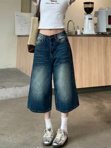 修身阔腿七分牛仔裤，宽松复古小码休闲直筒裤 - 藍色 - 查看 2