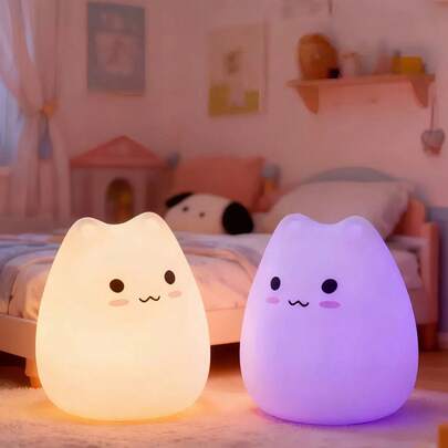 Cute Cat Lamp, Girls Bedroom Night Light, Cat Lamp Birthday Gift Suitable For Children, Infants, Toddlers, Teenagers, Portable Silicone Cute Night Light, Baby Room Decor (Battery Operated Cat)