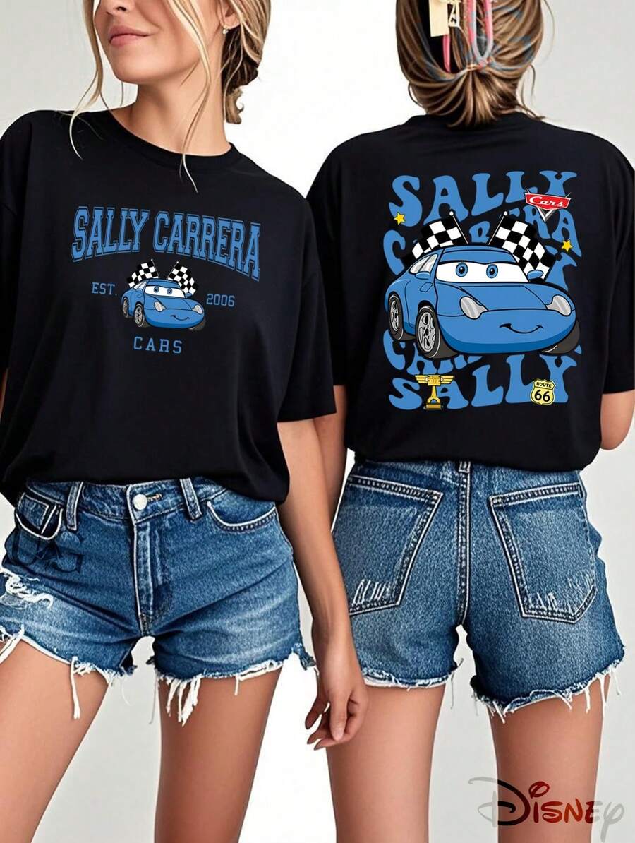 Disney Sally Carrera Cars Graphic T-Shirts Are Officially Licensed By Disney, Featuring Double-Sided Prints. These Short-Sleeved Shirts Are Perfect For Casual Wear In Spring And Summer, Making Them An Ideal Gift Choice - Black - View 1