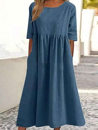 Women's Solid Color Round Neck Pleated Casual Midi Dress For Daily Wear & Dates Summer Elegant