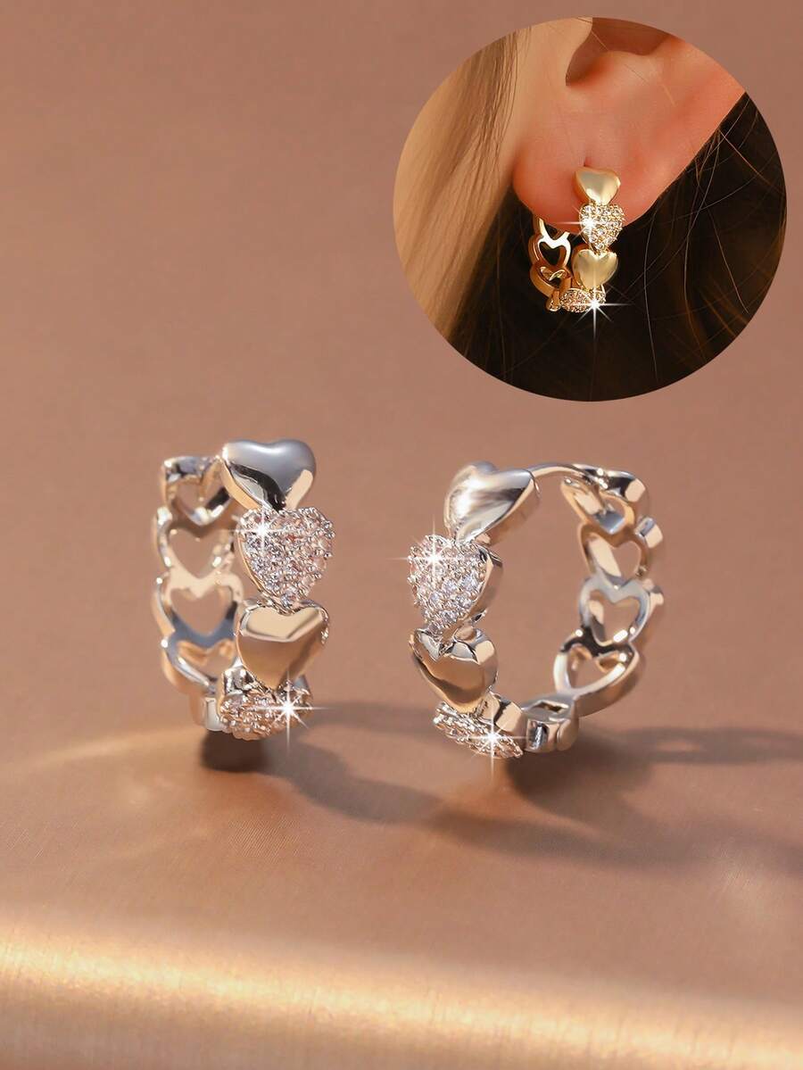 Hihho 1对时尚优雅简约闪亮锆石镶嵌心形耳环，心形拼接独特珠宝耳环，情人节派对女孩礼物 - 耳圈 - 查看 1