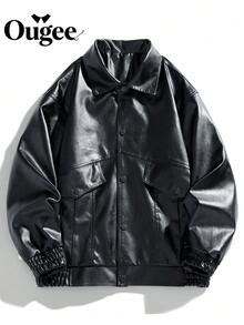 Áo khoác da giả Ougee 1 mảnh dành cho nam | Bóng | Chất liệu da PU mịn | Khuy cài và chi tiết vá | Lý tưởng cho phong cách đường phố, phong cách biker và đi chơi đêm | Món đồ thiết yếu phong cách retro Y2K - màu đen - Xem 3