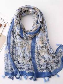 1pc Floral Print Casual Fashion Sunscreen Scarf, Beach Resort Windproof Sunshade Shawl, Daily Decorative Tassel Wrap - Multicolor - View 4