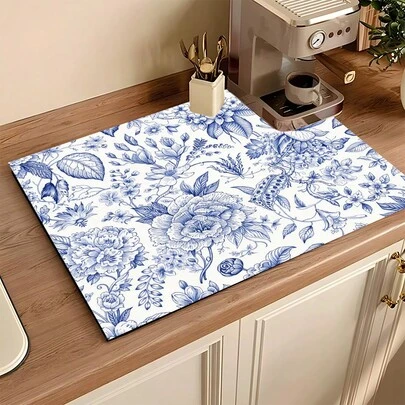 1 pieza Estera de secado absorbente, decoración de cocina con patrón azul y blanco, almohadilla para máquina de café, estera de drenaje hecha a mano para cafetera, alfombra de piso de cocina, mantel de mesa de comedor, estera de secado de platos para encimera de cocina, estera para desayuno, estera de drenaje resistente al calor y antideslizante, estera de drenaje de diatomita, oculta manchas, estera de cocina súper absorbente, fácil de limpiar para escurridor de platos, adecuada para cocina, mesa de comedor, cafetería, bar, vacaciones, fiestas, decoración del hogar, regalos festivos