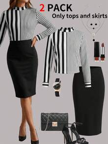 女士黑白竖条纹长袖上衣搭配黑色修身中长裙两件套，时尚办公/通勤装，显瘦铅笔裙套装 - 黑色 - 查看 1