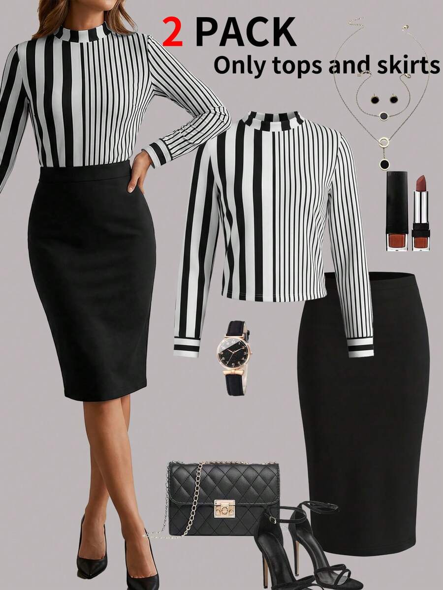 女士黑白竖条纹长袖上衣搭配黑色修身中长裙两件套，时尚办公/通勤装，显瘦铅笔裙套装 - 黑色 - 查看 1