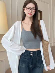 Women's Knit Cardigan, Long Sleeve, Lightweight, Summer Knit, UV Protection, Sunscreen, Korean Style, Loose Fit, Oversized Fit, Air Conditioning Protection, Stylish Outerwear - ホワイト - Xem 2