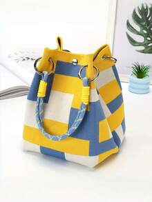 新款时尚女士手提包 - 多功能单肩包，带安全锁设计，大容量手提包，可作腕包、钱包、二合一收纳袋使用，适合旅行、户外、通勤和日常使用，耐用手柄，时尚配饰，新款INS风编织手提包，时尚白色锥形购物/摄影水桶包，节日礼物，购物袋，化妆品收纳袋 - 彩色 - 查看 3